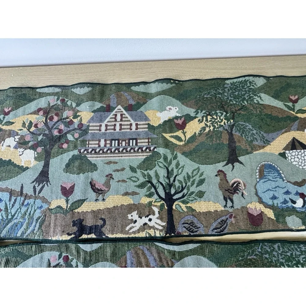Green Tapestry Table Runner Fringed Tasseled Farm Life Animals Country 3 Pc